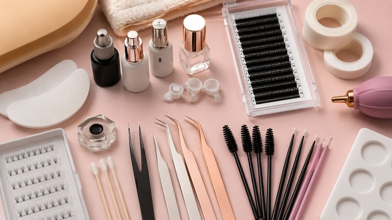 Kit com materiais para extensão de cílios organizado sobre bancada, incluindo pinças, cílios, adesivo, micropore, escovinhas e acessórios utilizados por iniciantes.