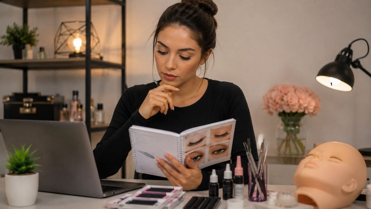 Profissional realizando aplicação de extensão de cílios em cliente durante aula prática de um curso profissional de lash designer.