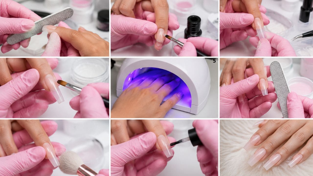 imagem de como fazer alongamento passo apasso Nail designer realizando o passo a passo da aplicação de unhas em gel em uma cliente, utilizando pincel, gel, cabine UV/LED e materiais profissionais em bancada organizada.