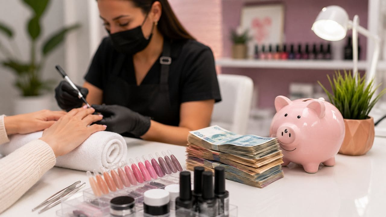 imagem de quanto e o ganho de um profissional de alongamento de unhas Nail designer realizando atendimento profissional em um salão, com materiais de manicure organizados e elementos que representam faturamento e crescimento na carreira.