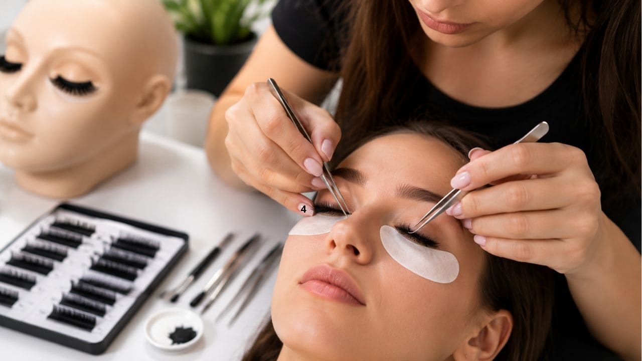 Profissional demonstrando diferentes técnicas de extensão de cílios durante aula prática de um curso de lash designer.