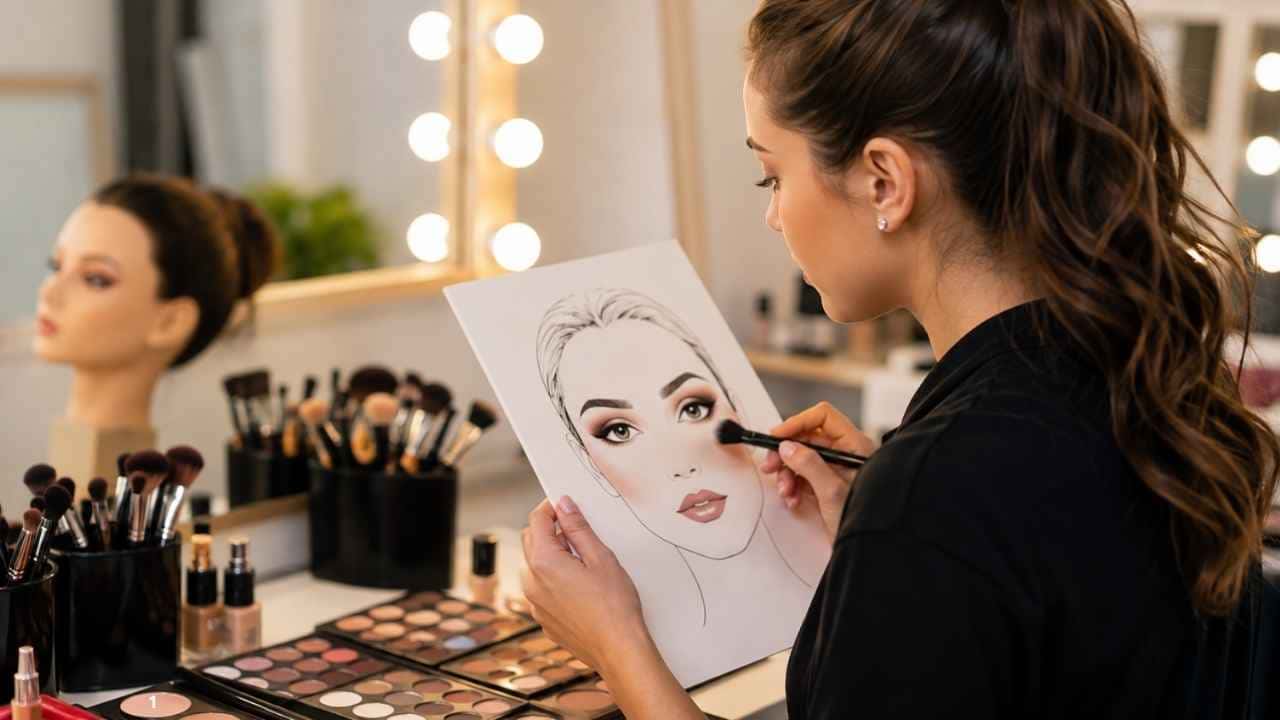 Aprendizado em maquiagem profissional com estudante praticando técnicas de maquiagem
