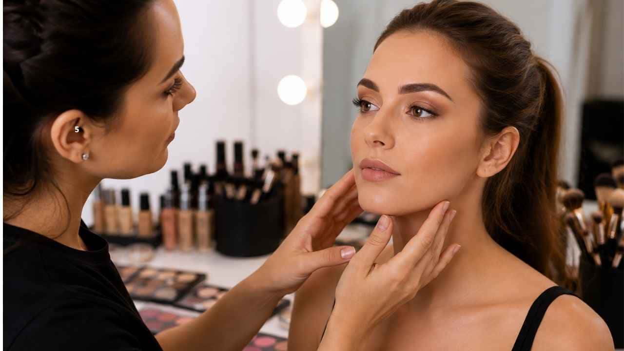 Avaliação das características faciais antes da aplicação da maquiagem profissional