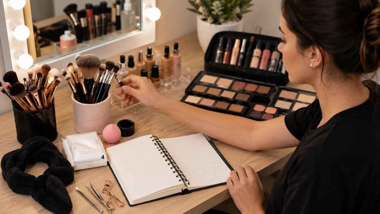Preparação para maquiagem profissional com pincéis, paletas e produtos organizados