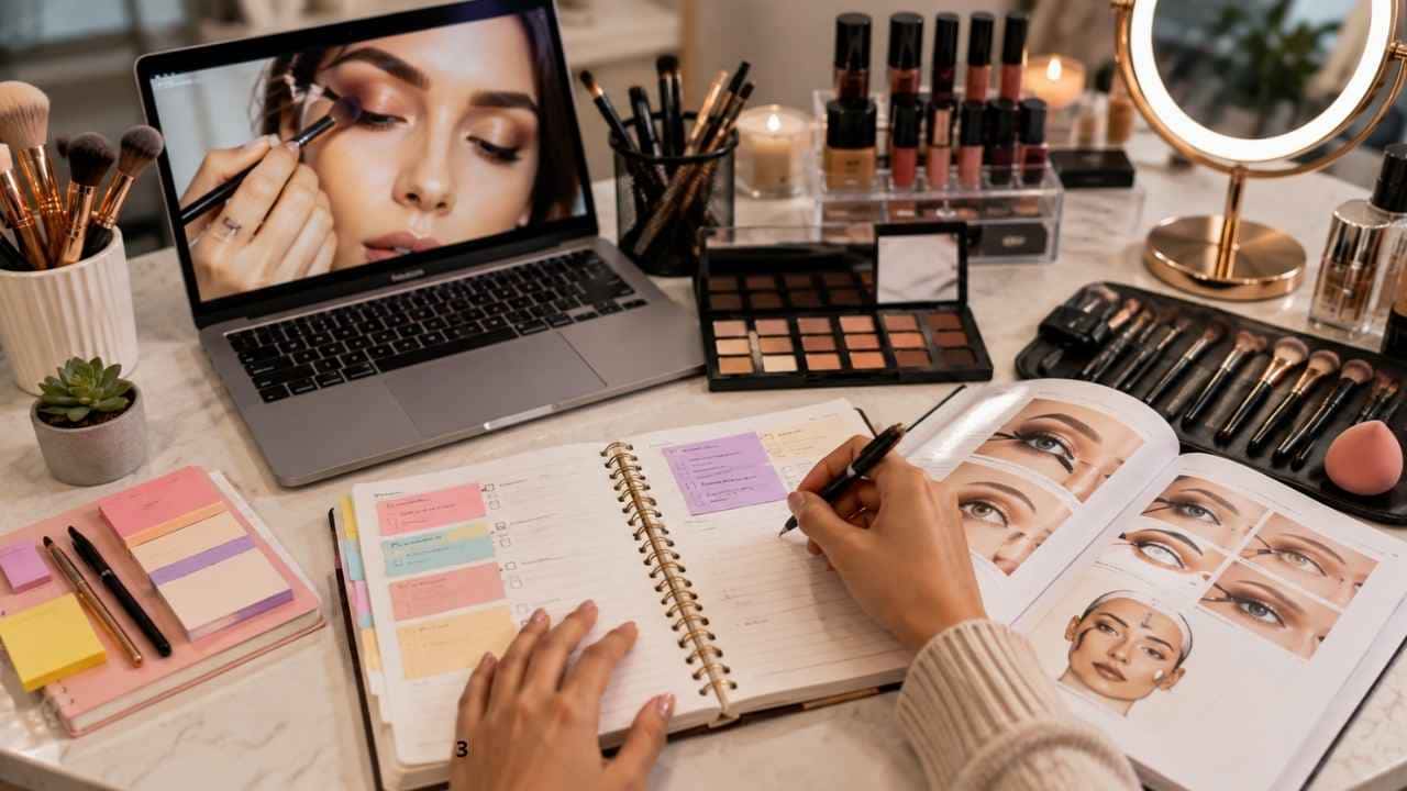 Rotina de estudos para maquiadores com materiais e produtos de maquiagem profissional