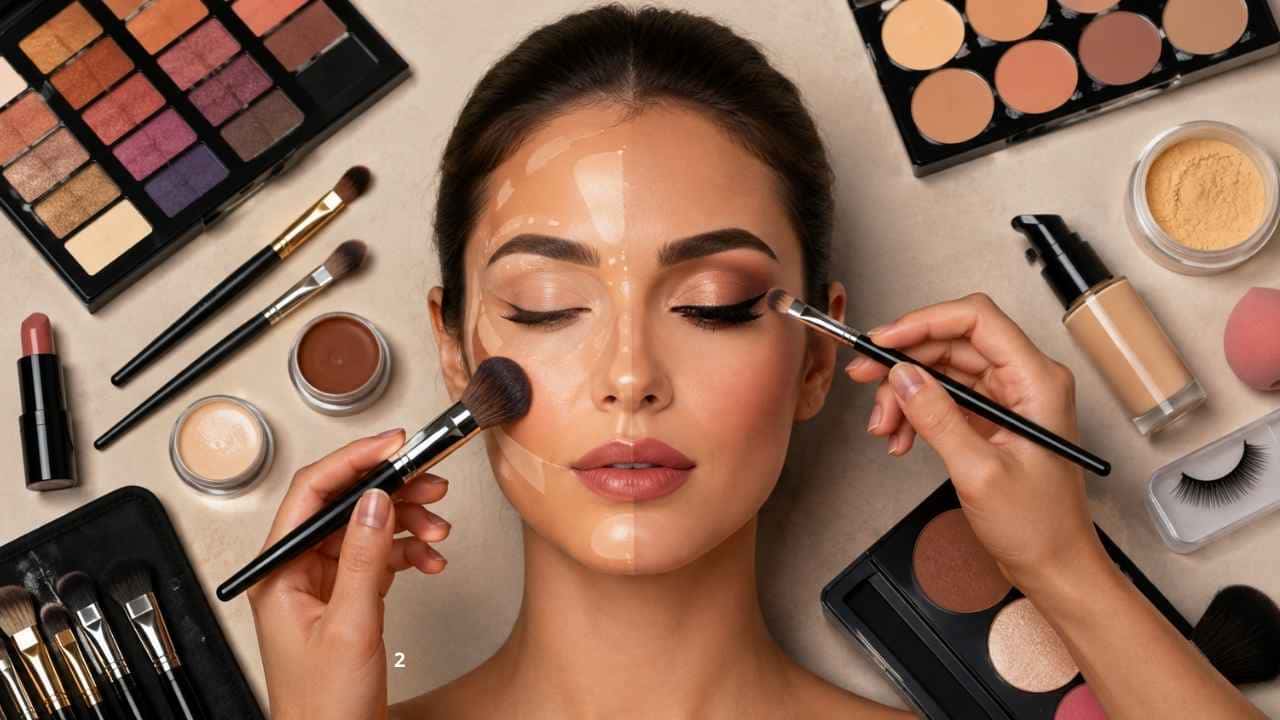 Técnicas de maquiagem profissional sendo praticadas com pincéis e produtos de maquiagem