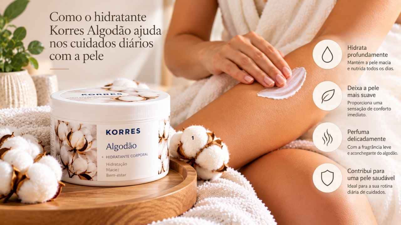 Hidratante Korres Algodão aplicado na pele durante os cuidados diários