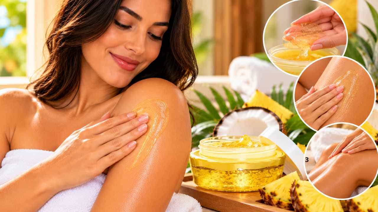 imagem de da forma de usar a Richée Body Geleia Hidratante Corporal Pina Colada corretamente? Mulher aplicando Richée Body Geleia Hidratante Corporal Pina Colada na pele durante a rotina de hidratação corporal.