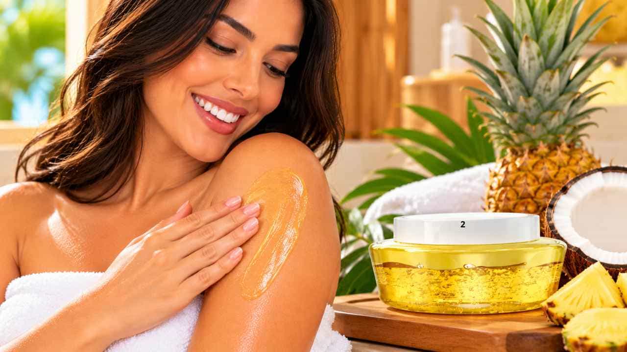 imagem de A Richée Body Geleia Hidratante Corporal Pina Colada para pele seca? Richée Body Geleia Hidratante Corporal Pina Colada aplicada na pele seca para ajudar na hidratação e maciez.