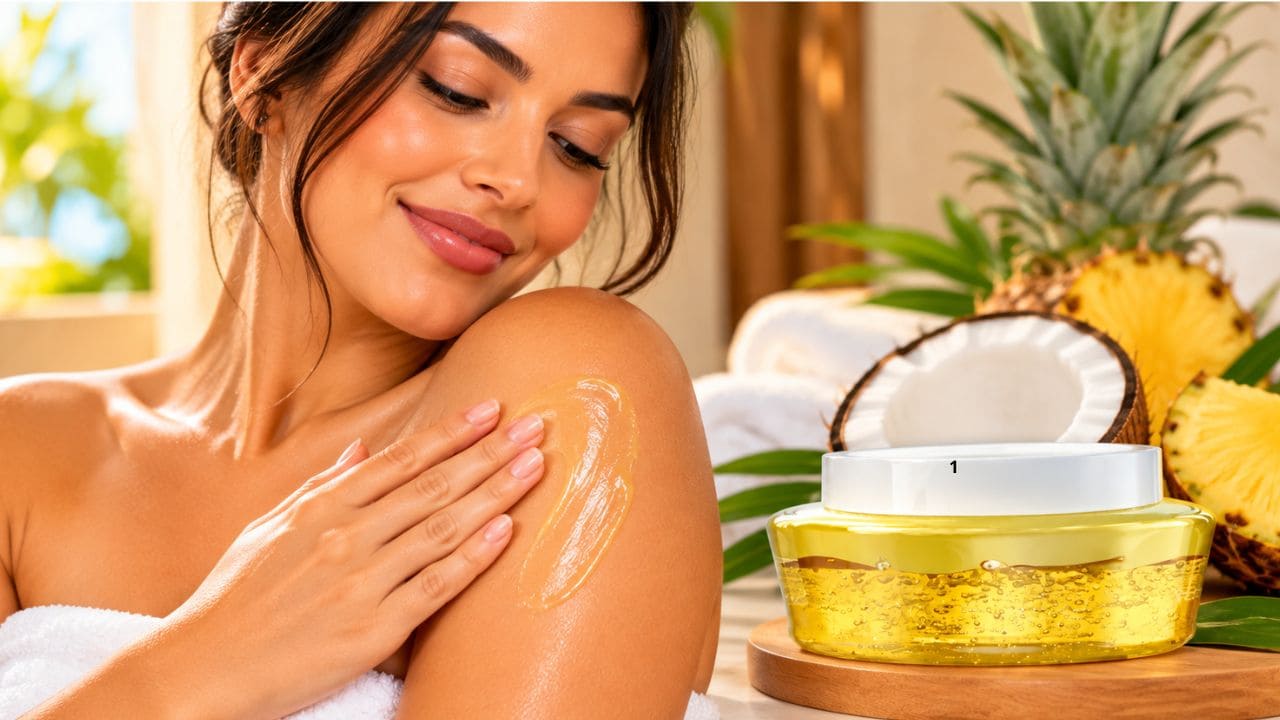 imagem dos benefícios da Richée Body Geleia Hidratante Corporal Pina Colada para a pele? Mulher aplicando Richée Body Geleia Hidratante Corporal Pina Colada na pele para hidratação e maciez corporal.