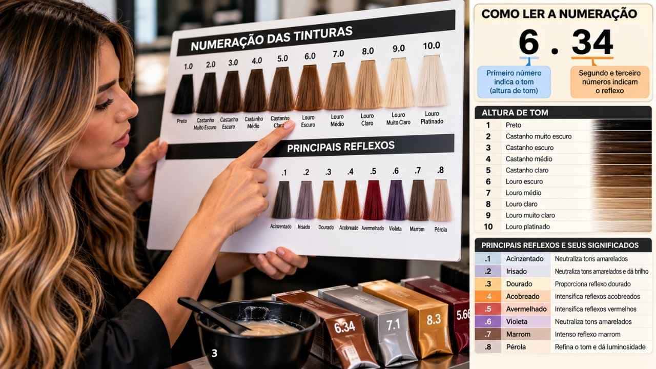 Tabela de numeração das tinturas capilares com identificação de tons, alturas de cor e reflexos.