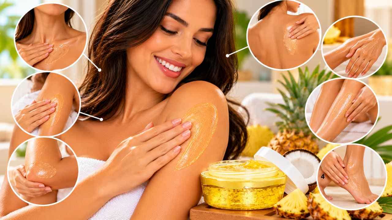 imagem de das partes do corpo posso usar o hidratante a Richée Body Geleia Corporal Pina Colada? Mulher aplicando Richée Body Geleia Hidratante Corporal Pina Colada nos braços, pernas e ombros durante a rotina de cuidados com a pele.