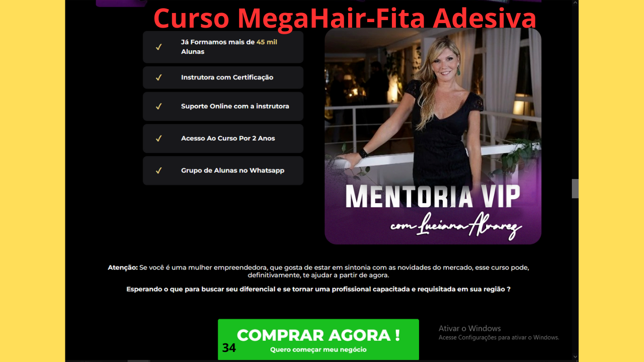 Curso Mega Hair-Fita Adesiva! Bonito!usado nas celebridades! O curso online de Mega hair de fita adesiva ensinado Por Luciana alvares, a cabeleireira das Celebridades,” tem a intenção de promover o aprimoramento dos profissionais com os conteúdos, tais como: tipos de mega hair, cuidados