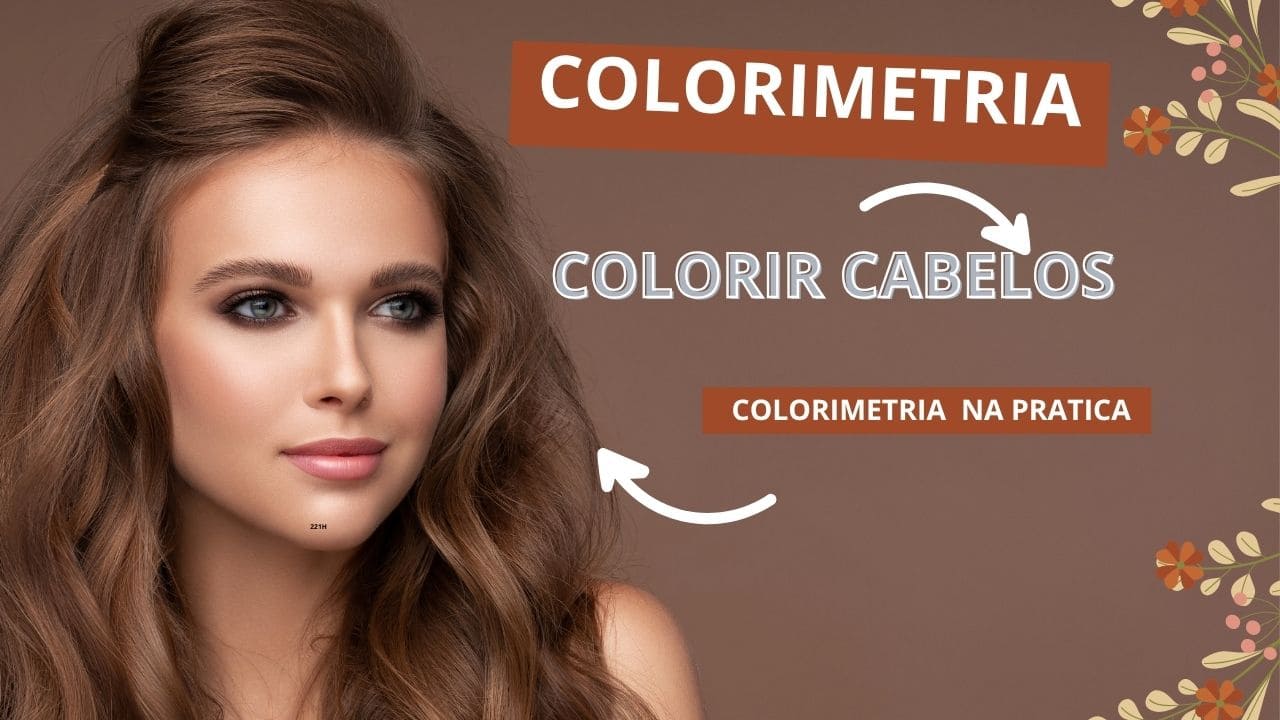 Imagem representando técnicas de coloração capilar, com mechas de cabelo em diferentes tons e materiais profissionais utilizados em um curso de colorimetria capilar.