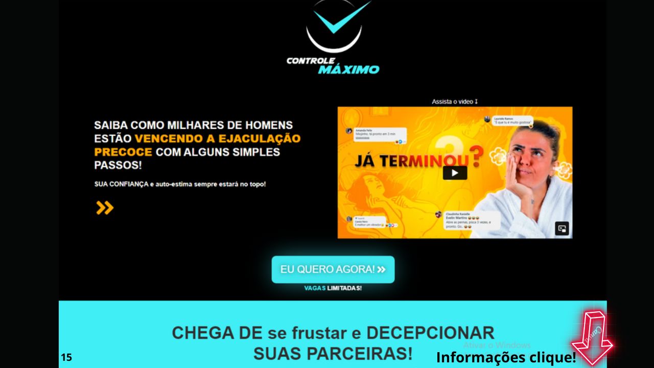 SAIA NA FRENTE E FAÇA SUCESSO COM AS MULHERES DE BRASIL A EJACULAÇÃO PRECOCE ACONTECE QUANDO O HOMEM PASSA A EJACULAR DE FORMA MUITO RÁPIDA, TRAZENDO CONSTRANGIMENTO AO HOMEM E INSATISFAÇÃO PARA A PARCEIRA. PARA IDENTIFICAR, CONSIDERE OS QUADROS ABAIXO: > SENTIR UMA VONTADE MUITO FORTE DE EJACULAR LOGO NO INICIO DA PENETRAÇÃO, OU PERCEBER QUE O CLIMAX ESTÁ CHEGANDO MUITO RÁPIDO. > PRECISAR DESACELERAR OU INTERROMPER O SEXO POR UM TEMPINHO PARA EVITAR A EJACULAÇÃO. >PERCEBER QUE SUAS PARCEIRAS FICAM INSATISFEITAS APÓS O SEXO, OU ATÉ MESMO NOTAR QUE ESTÃO EVITANDO SEXO.