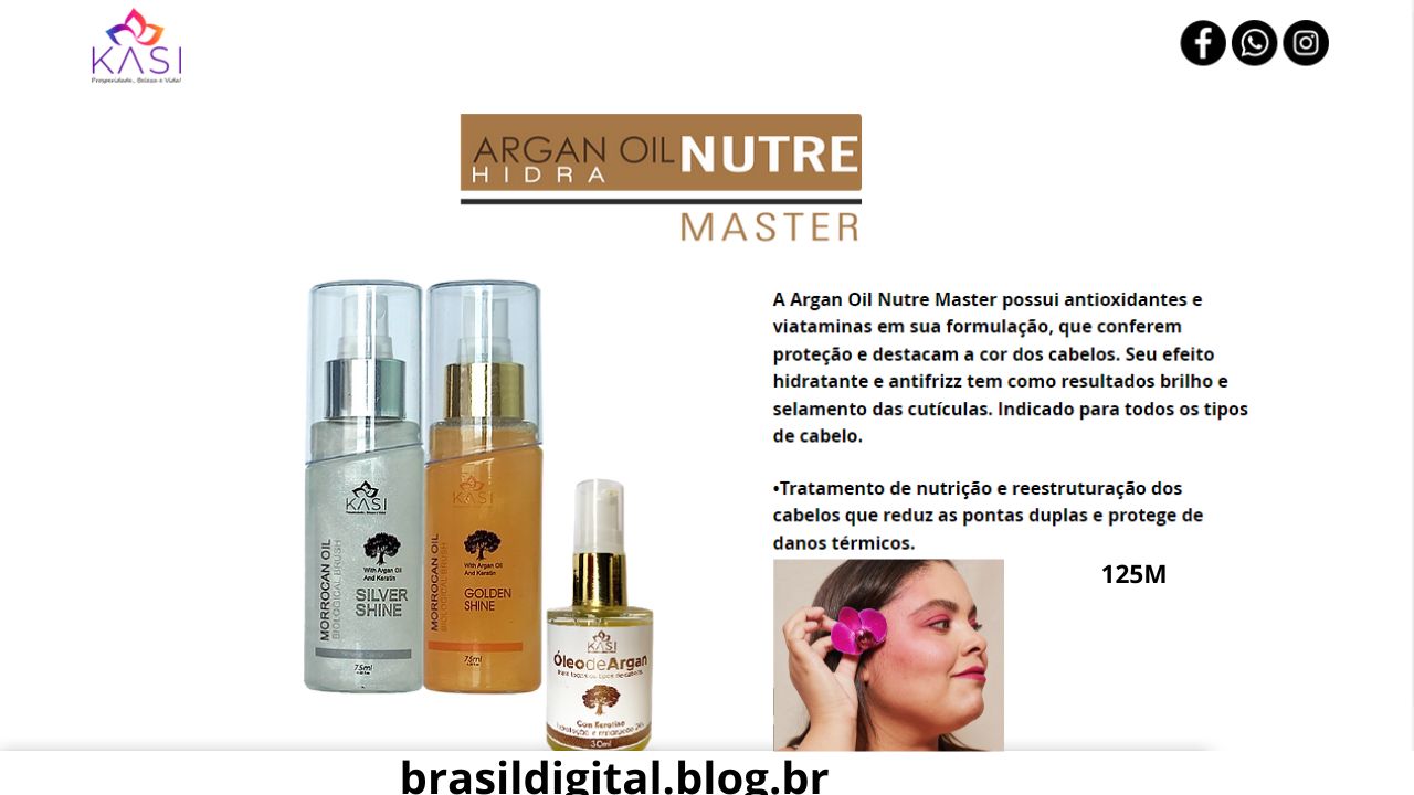 Argan Oil - 30 ml - oléo de argan finalizador - Oficial A Argan Oil Nutre Master possui antioxidantes e viataminas em sua formulação, que conferem proteção e destacam a cor dos cabelos. Seu efeito hidratante e antifrizz tem como resultados brilho e selamento das cutículas. Indicado para todos os tipos de cabelo.