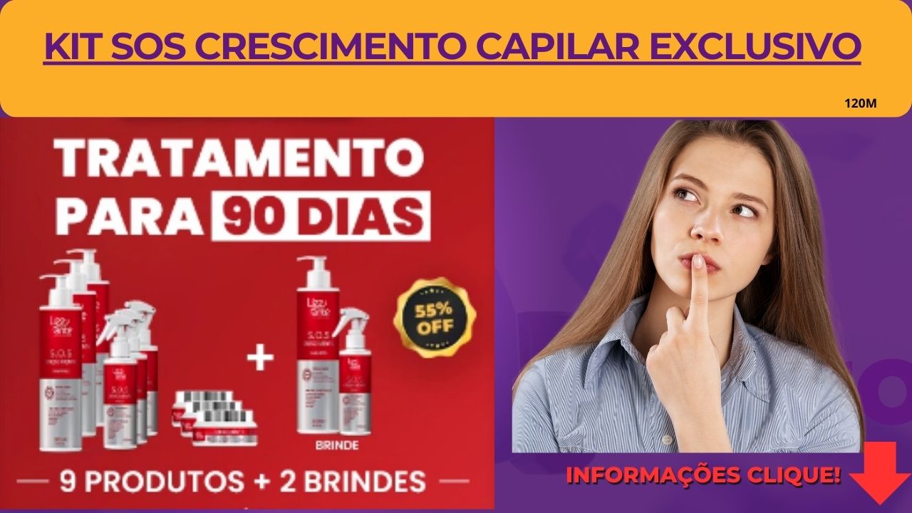 Crescimento capilar até 7x mais rápido-Diminui a queda em até 95%
 Fios fortalecidos e sem quebra
-Aumento da massa capilar
-NascimCom sua fórmula exclusiva, o Kit S.O.S Crescimento age diretamente no bulbo capilar, paralisando a queda, estimulando o crescimento acelerado dos fios, preenchendo falhas, nutrindo e fortalecendo os fios DESDE A PRIMEIRA APLICAÇÃO!ento de novos fios mais espessos e saudáveis
