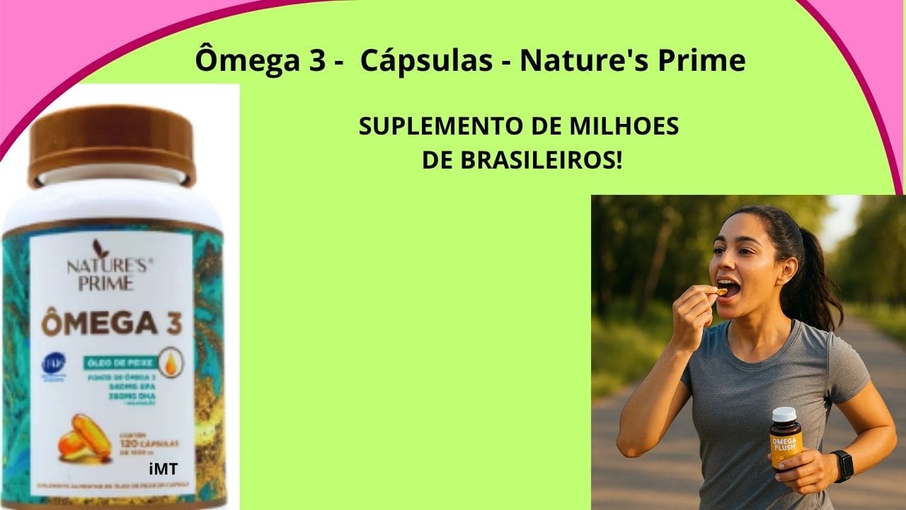 Suplemento alimentar Ômega 3 Nature’s Prime, embalagem com 120 cápsulas.