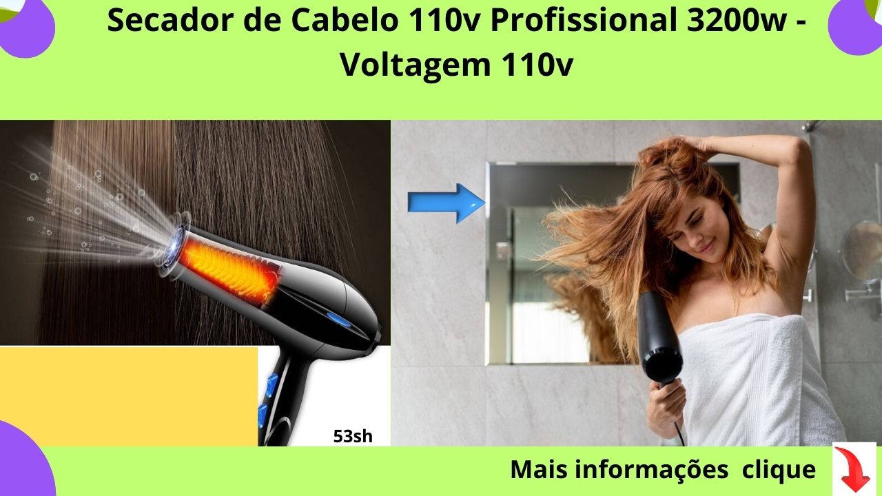 PRODUTO SOMENTE 110V / VOLTAGEM 110V Seque o seu cabelo com praticidade e rapidez com o secador, produto de fácil manuseio e design muito atraente. Secador de linha profissional. 
* Motor de Alta Força * Alto Fluxo de AR * Super moderno, resultados perfeitos para salões de beleza. Aquece até 60° Constante, Função inverno frio, usado para modelar e manter o estilo do cabelo. Características:
 - 2 Velocidades - 3 Temperaturas - Cabo Ergonômico - Voltagem: 110 Volts Itens inclusos: - 1 Secador 110V - 1 Bico Direcionador De Ar - 1 Manual
