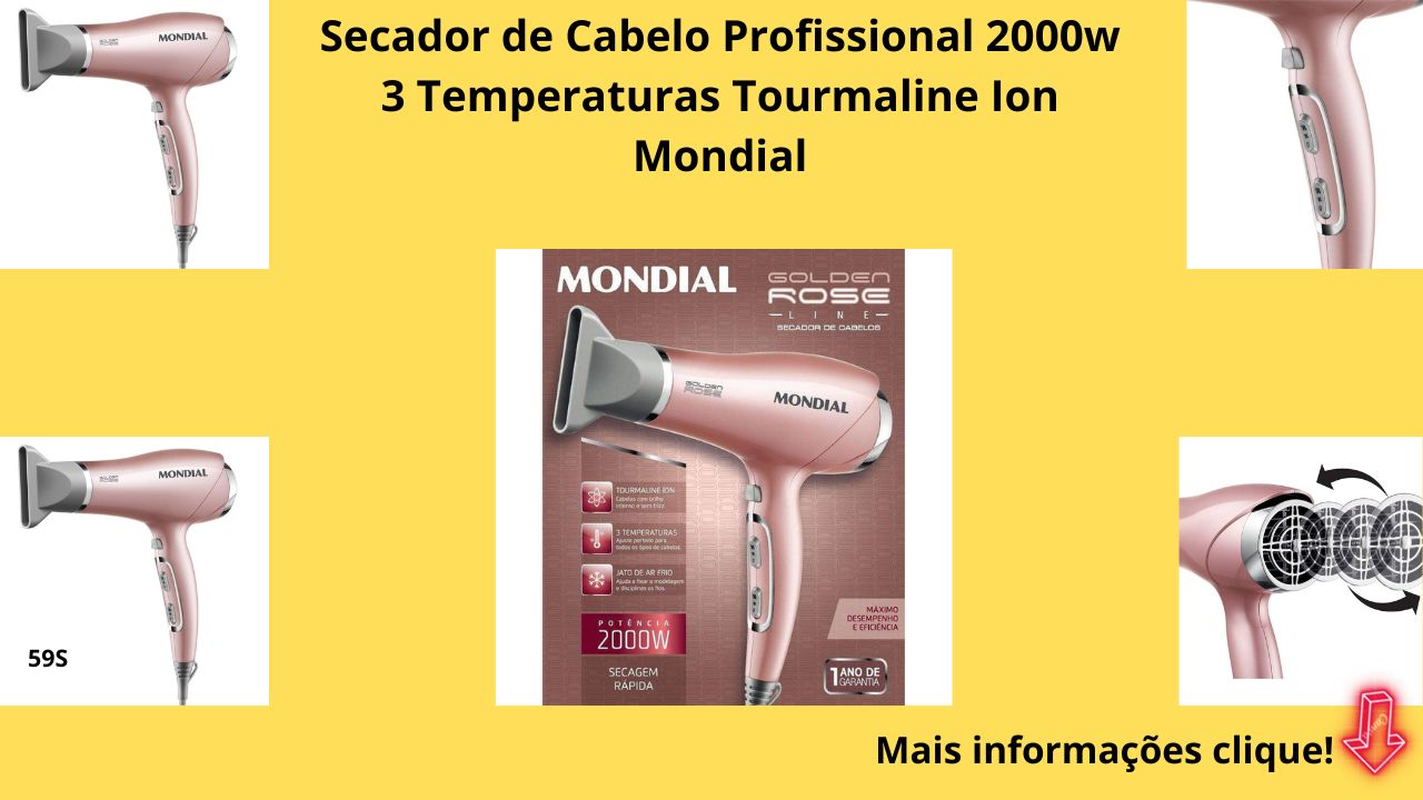 Secador de Cabelo Mondial Golden Rose SC-32 - Tourmaline 2000W 2 Velocidades Secador de Cabelo Golden Rose da Mondial. Já pensou sair de casa com o mesmo penteado de um salão de beleza? Com alto desempenho e design moderno, ele vai te trazer aquela sensação de cabelo tratado, proporcionando brilho intenso, maciez e livre do frizz. Possui tecnologia avançada, mais eficiência e agilidade na secagem na potência de 2000W. E para um ajuste perfeito, também tem emissão de íon, bocal direcionador de ar, grade de cerâmica e 2 velocidades nas temperaturas de nível mínimo, médio e máximo. Seu visual sempre impecável! 2000W de Potência Bocal Direcionador