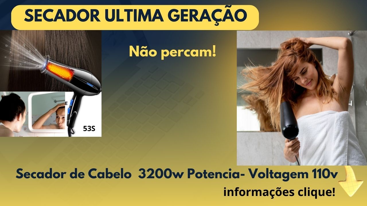 PRODUTO SOMENTE 110V / VOLTAGEM 110V Seque o seu cabelo com praticidade e rapidez com o secador, produto de fácil manuseio e design muito atraente. Secador de linha profissional. * Motor de Alta Força * Alto Fluxo de AR * Super moderno, resultados perfeitos para salões de beleza. Aquece até 60° Constante, Função inverno frio, usado para modelar e manter o estilo do cabelo. Características: