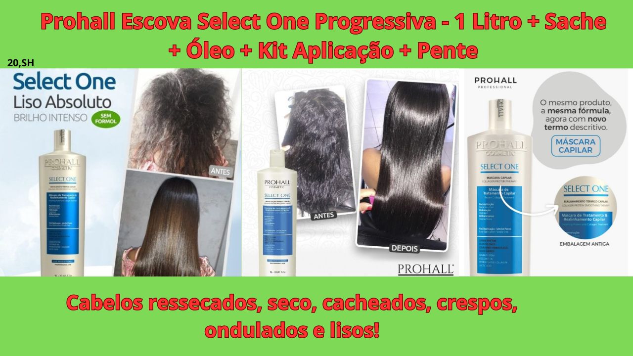 Prohall Escova Select One Progressiva - 1 Litro + Sache + Óleo + Kit Aplicação + Pente Também conhecida como: Select one Prohall, Realinhamento orgânico, Select one, Progressiva Prohall, Progressiva Select One Tipo de tratamento: realinhamento capilar, alisamento térmico, alinhamento capilar, escova orgânica, progressiva Pro hall Tipo de Cabelo: Cabelos ressecados, seco, cacheados, crespos, ondulados e lisos (todos os tipos de cabelos), Loiros, tingidos, mechas. Efeitos: Alisamento, Redução Volume, Hidratação, brilho intenso, Anti-Frizz, realinhamento A Select One possui formulação desenvolvida com componentes de ponta, tendo o ativo Lumini System como principal pilar. O alisante age diretamente na fibra capilar realinhando, reconstruindo e reparando todos os danos provenientes de químicas e/ou agentes externos (poluição, calor, raios UV e umidade).