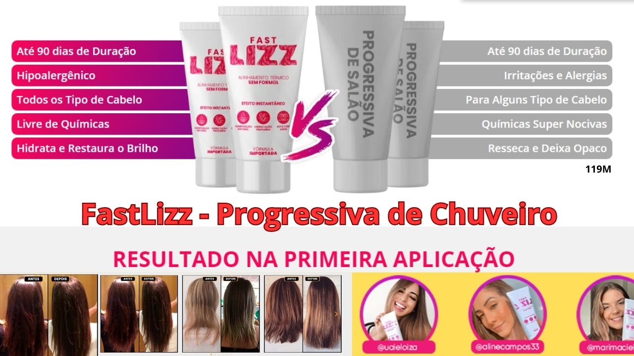 Conta com nano partículas de alta afinidade capilar, promove ação de blindagem do interior da cutícula, proporcionando a máxima qualidade em reposição de massa capilar, isso sem contar seu efeito disciplinador, reduzindo o volume preservando a proteção da coloração até mesmo para os cabelos loiros. Para combater os sinais envelhecimento e promover ao mesmo tempo o realinhamento, tratamento e hidratação dos fios a Fast Lizz age diretamente na fibra capilar, de dentro para fora, devolvendo a vida até aos fios mais opacos.