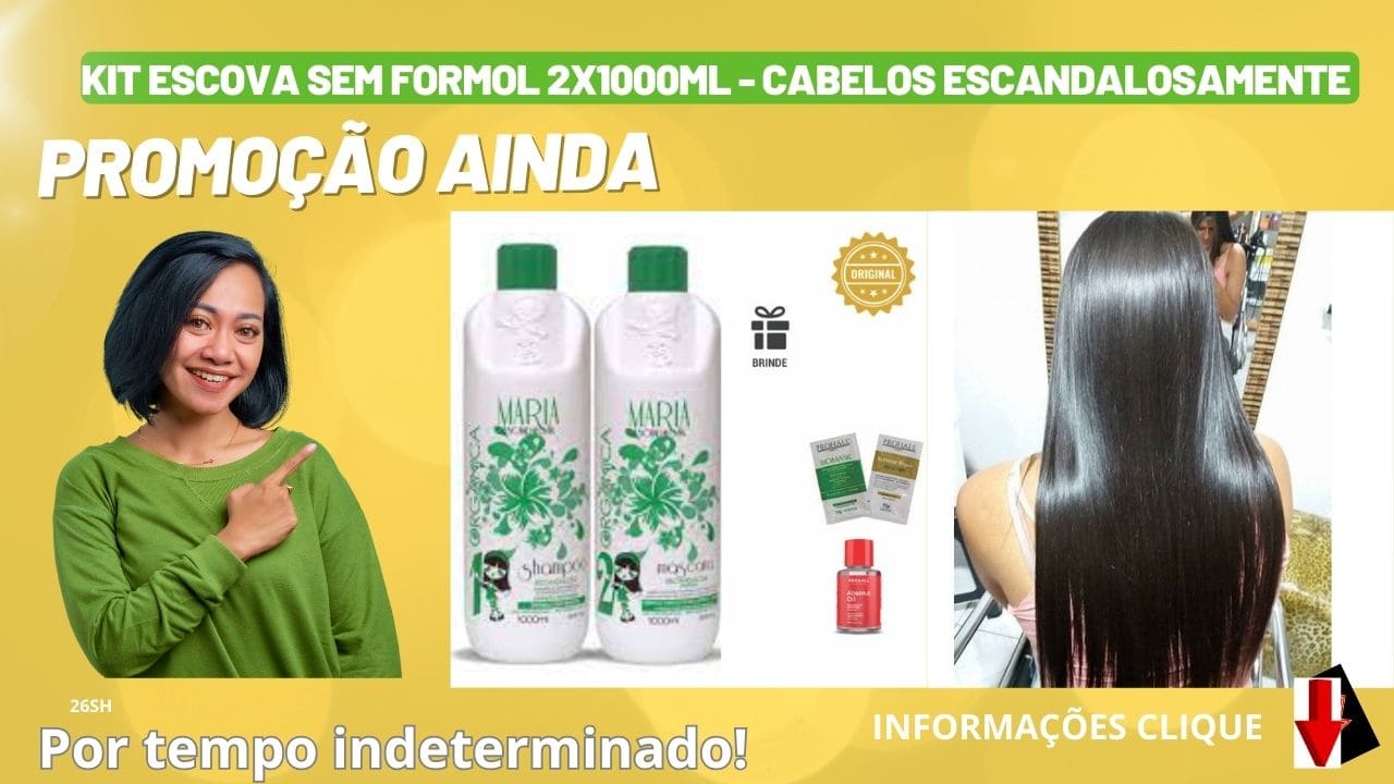 Kit Progressiva Free Bonequinha Escandalosa Orgânica com shampoo e máscara, fórmula sem formol que promove alinhamento dos fios, redução de volume, brilho intenso, maciez e cuidado seguro para os cabelos.