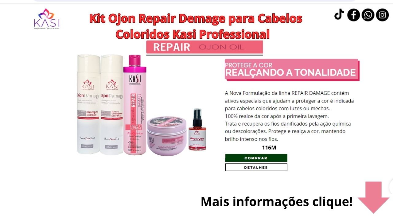 Kit Ojon Repair Demage para Cabelos Coloridos Kasi Professional inha Completa Ojon Repair Demage para Cabelos Coloridos Visitar.Em estoque•Marca: Kasi Professional A Nova Formulação da linha REPAIR DAMAGE contém ativos especiais que ajudam a proteger a cor é indicada para cabelos coloridos com luzes ou mechas