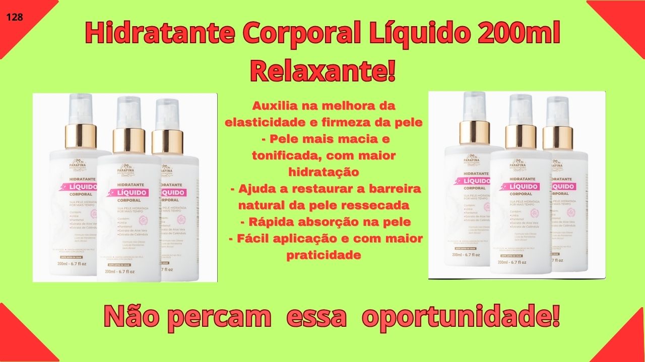 O NOVO QUERIDINHO DO BRASIL A aplicação do Hidratante Líquido Corporal 200ml é em spray, uma novidade no mercado brasileiro. Você não precisa ficar mais esperando aqueles minutos intermináveis para o hidratante secar na pele após o banho Buscamos proporcionar para você uma aplicação mais rápida, de fácil