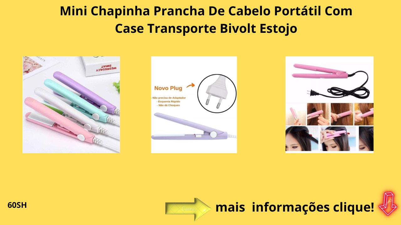 Procurando uma Chapinha Potente, Bem quente, Pequena e com o preço acessível?
Sua procura acabou, nosso produto vai lhe atender perfeitamente, ideal para levar na bolsa ou bolsinha para qualquer lugar (Trabalho, Escola, Faculdade e Festas). Muito Linda e Compacta, vai com um case para guardar tranquilamente e levar com você, ideal para qualquer tipo de cabelo e aquece em 30 segundos, na temperatura de 160º Graus.

Pode ser usada em todo o comprimento do cabelo, mas é especialmente recomendada para retoque da franja e da região próxima a raiz.
