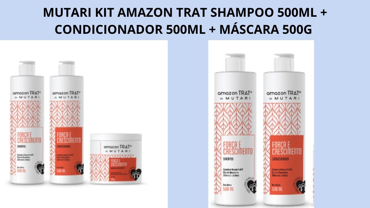 Descrição do produto
KIT FORÇA E CRESCIMENTO Amazon Trat®
 
- Restauração e reestruturação da fibra
- Nutrição
- Combate a queda e estimula crescimento
- Fortalecimento
- Reestruturação dos fios interna e externamente
- Hidratação e regeneração
- Sedosidade e Brilho
 
MÁSCARA FORÇA E CRESCIMENTO 500G
Enriquecida com o Complexo Amazon Trat®, Macadâmia, Extratos de Jaborandi e Babosa, promove força e crescimento aos cabelos enfraquecidos. Devido à ação fortalecedora e restaurativa de seus ativos de tratamento, recupera as propriedades naturais dos fios. 
MODO DE USO: Aplicar nos fios limpos e úmidos e massagear suavemente. Deixar agir de 5 a 10 minutos e enxaguar.
