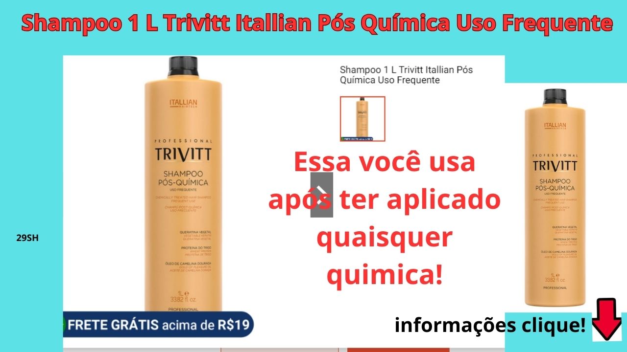 Shopee  icon arrow right Beleza icon arrow right Cuidados com o Cabelo icon arrow right   Shampoo
Marca Itallian Color  Peso do Produto  1kg
Tamanho do produto  Tamanho de viagem  Volume 1L
Benefícios do Cuidado com o Cabelo  Anti-Frizz, Proteção da Cor, Hidratante  País de Origem  Brasil  Tamanho Do Pacote  1L
Para que serve shampoo após química?
Os shampoos para cabelos quimicamente tratados são produtos que não podem faltar no pós-química. Eles deixam os fios mais leves e macios, além de hidratados e sedosos. Além disso, 