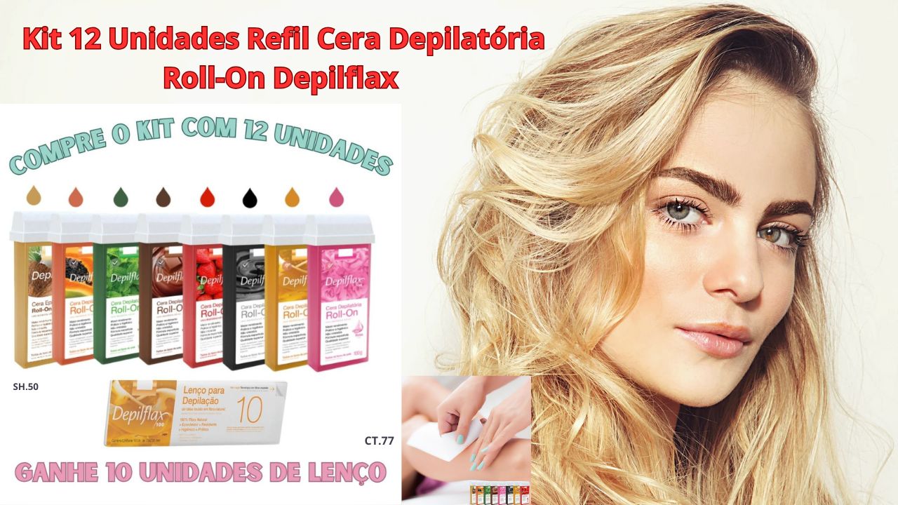 KIT COM 12 UNIDADES REFIL CERA DEPILATÓRIA ROLL-ON DEPILFLAX 100 G + 10 UNIDADES DE LENÇO DEPILATÓRIO GRÁTIS! (01 PACOTE CONTENDO 10 UNIDADES DE LENÇOS DEPILATÓRIOS DE FIBRA 100% NATURAL DEPILFLAX).