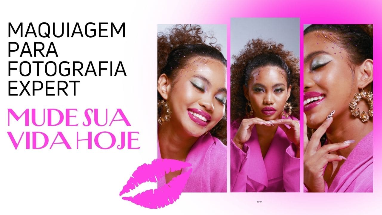 Pessoa assistindo aulas de maquiagem online no computador enquanto pratica técnicas de maquiagem no próprio rosto