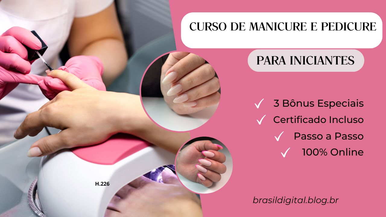 Imagem ilustrativa do Curso de Manicure e Pedicure com unhas decoradas e técnicas modernas, incluindo nail art e alongamento, destacando atualização e inovação no mercado de beleza.