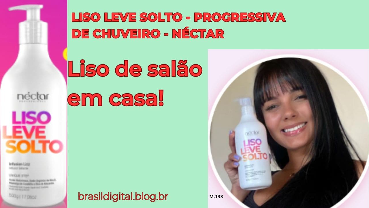 Progressiva de chuveiro Liso Leve Solto Néctar promovendo alinhamento dos fios, redução de volume e efeito liso natural com brilho e leveza.