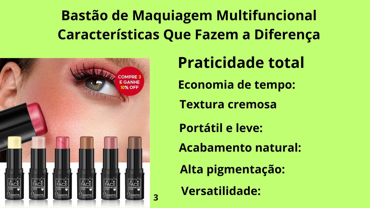 Imagem do Bastão de Maquiagem Multifuncional com design prático e características que destacam sua versatilidade.