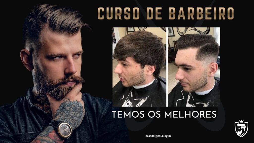 Homem aprendendo técnicas de corte de cabelo em barbearia, com ferramentas profissionais, representando oportunidade de aumentar renda de forma rápida e prática.