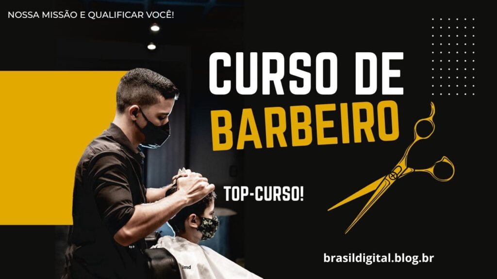 Homem aprendendo técnicas de corte em curso de barbeiro profissional, treinando com máquina de cabelo em ambiente de barbearia.