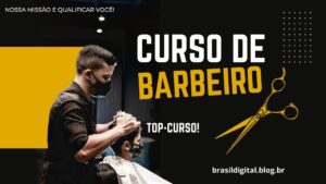Homem aprendendo técnicas de corte em curso de barbeiro profissional, treinando com máquina de cabelo em ambiente de barbearia.