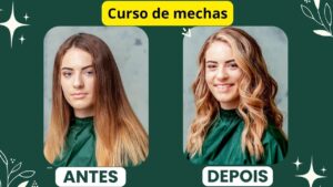 Profissional aplicando técnicas avançadas de mechas em cabelo feminino durante aula prática do Curso de Mechas Pro, mostrando divisão correta dos fios, iluminação uniforme e resultado moderno com efeito natural.