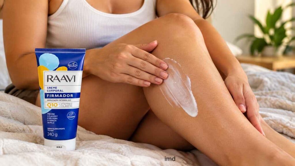 Mulher aplicando Raavi Creme Corporal Firmador Q10 Hidratação Intensa na perna, com a embalagem do produto em destaque.